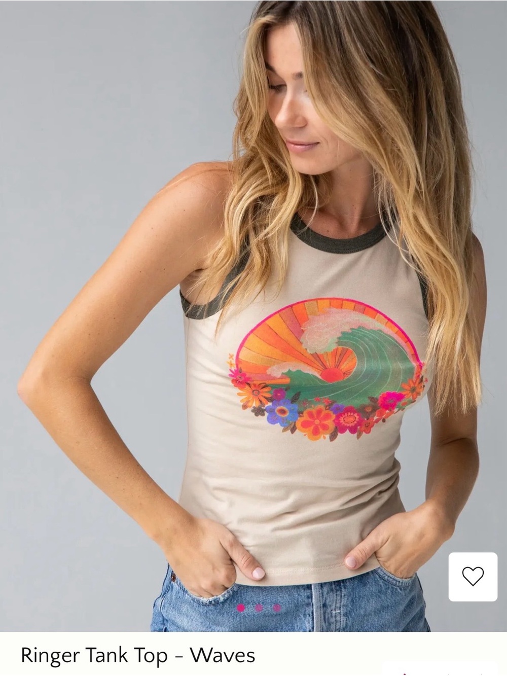 Natural Life Ringer Tank Top – Waves Graphic in Cream with Olive Trim